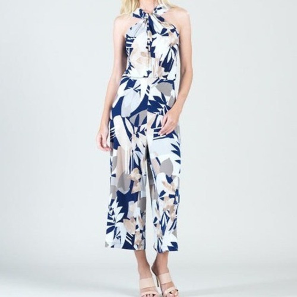 Clara Sunwoo Size XL Geo Flower Grecian Halter Pocket Jumpsuit Navy Blue Floral‎